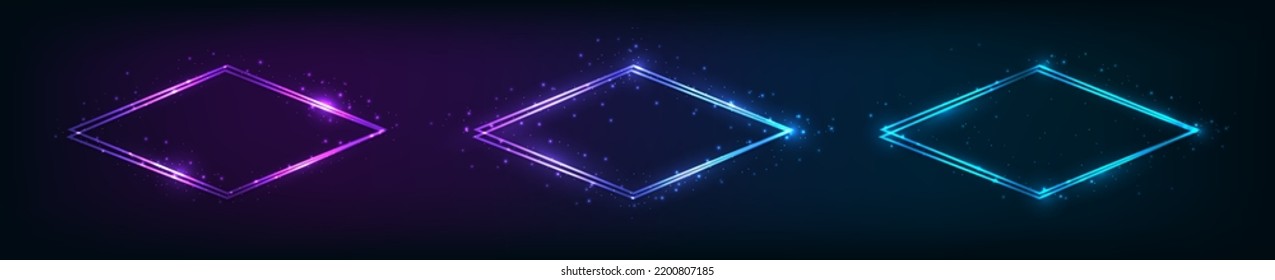 Conjunto de tres marcos de neón doble rhombus con efectos brillantes y destellos en el fondo oscuro. Fondo tecno brillante vacío. Ilustración del vector