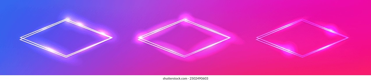 Set aus drei Neon-Doppelrauten mit glänzenden Effekten auf rosafarbenem Hintergrund. Leere glühende Techno-Kulisse. Vektorgrafik