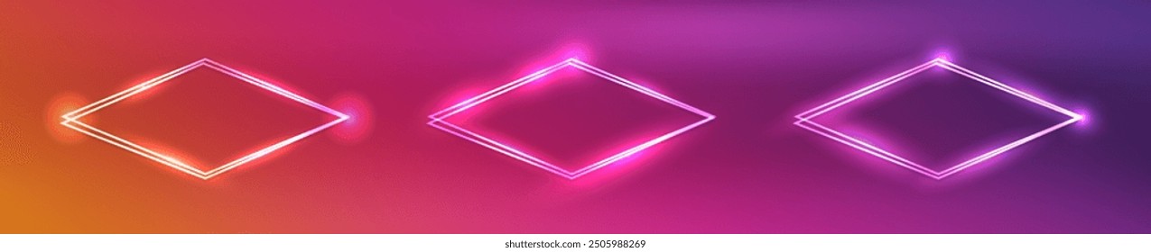 Set of three neon double rhombus frames with shining effects on purple background. Empty glowing techno backdrop. Vector illustration