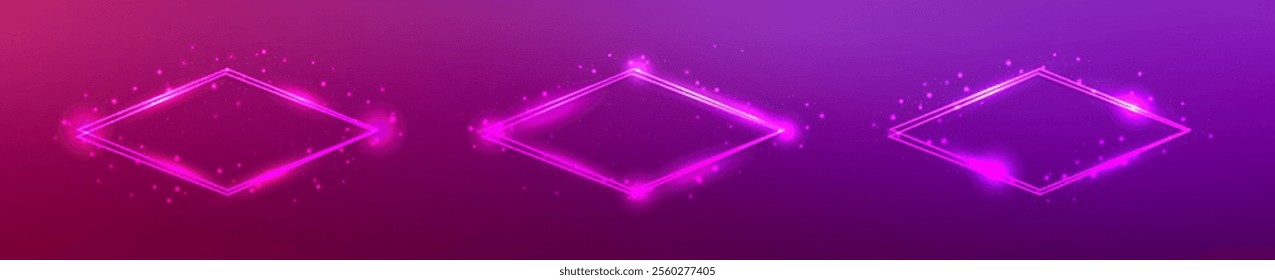 Set of three neon double rhombus frames with shining effects and sparkles on purple background. Empty glowing techno backdrop. Vector illustration