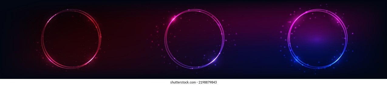 Set of three neon double round frames with shining effects and sparkles on dark background. Empty glowing techno backdrop. Vector illustration
