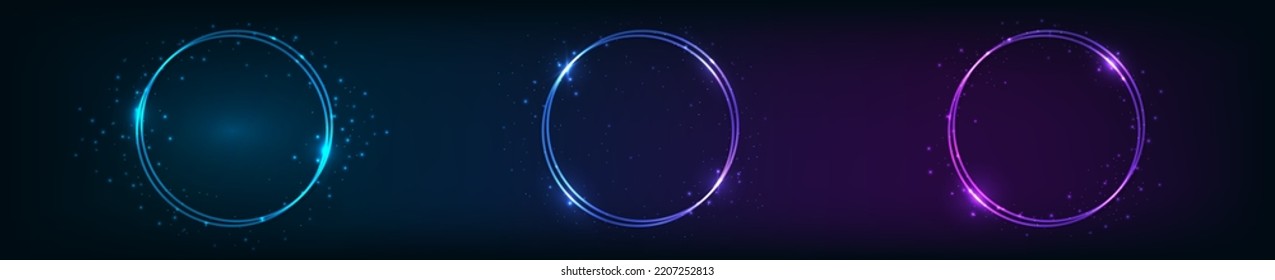 Set of three neon double round frames with shining effects and sparkles on dark background. Empty glowing techno backdrop. Vector illustration