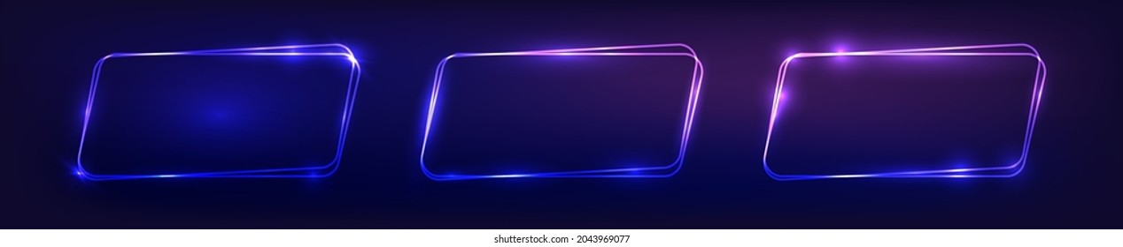Set of three neon double rounded rectangular frames with shining effects on dark background. Empty glowing techno backdrop. Vector illustration.