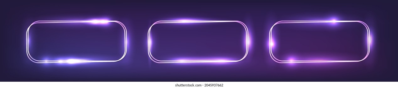 Set of three neon double rounded rectangular frames with shining effects on dark background. Empty glowing techno backdrop. Vector illustration