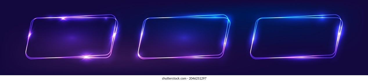 Set of three neon double rounded rectangular frames with shining effects on dark background. Empty glowing techno backdrop. Vector illustration.