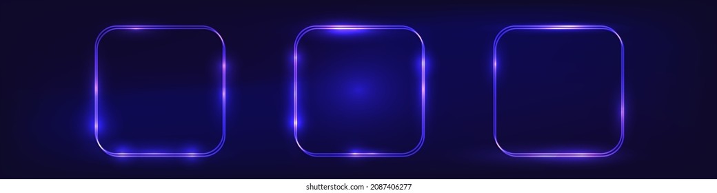 Set of three neon double rounded square frames with shining effects on dark background. Empty glowing techno backdrop. Vector illustration