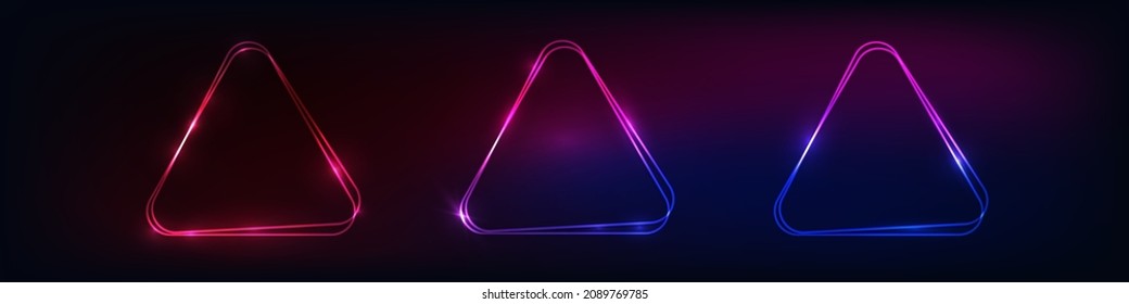 Conjunto de tres marcos triangulares de neón doble redondeado con efectos brillantes sobre el fondo oscuro. Fondo tecno brillante vacío. Ilustración del vector