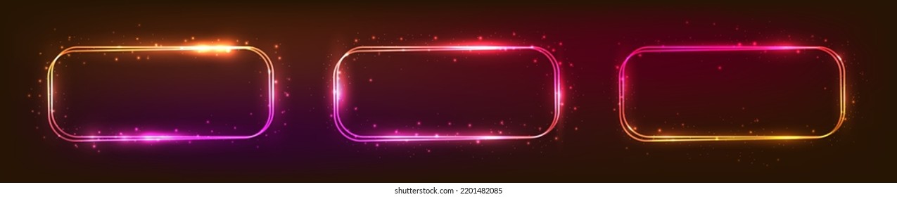 Set of three neon double rounded rectangular frames with shining effects and sparkles on dark background. Empty glowing techno backdrop. Vector illustration