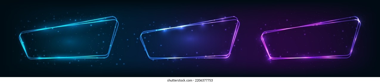 Set of three neon double rounded frames with shining effects and sparkles on dark background. Empty glowing techno backdrop. Vector illustration