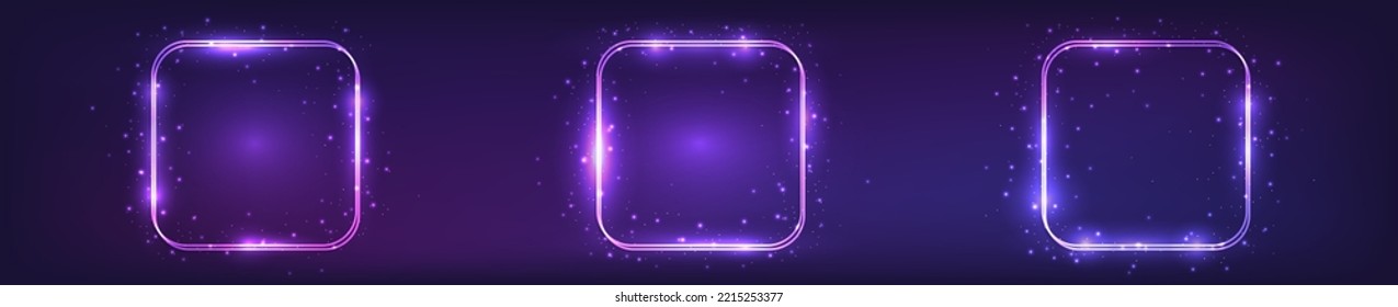 Set of three neon double rounded square frames with shining effects and sparkles on dark background. Empty glowing techno backdrop. Vector illustration