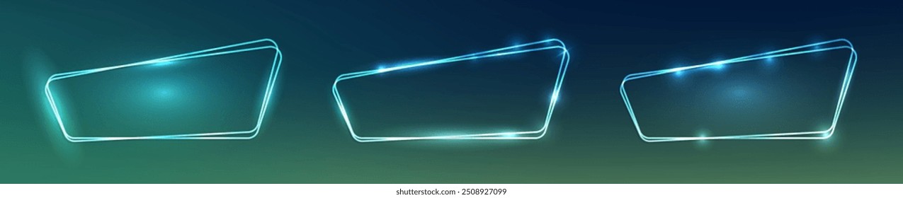 Conjunto de tres marcos redondeados dobles de neón con efectos brillantes sobre fondo verde oscuro. Fondo techno brillante vacío. Ilustración vectorial