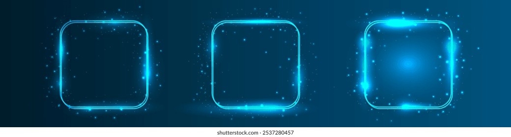 Set of three neon double rounded square frames with shining effects and sparkles on dark blue background. Empty glowing techno backdrop. Vector illustration