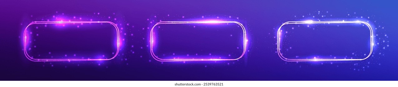 Set of three neon double rounded rectangular frames with shining effects and sparkles on blue background. Empty glowing techno backdrop. Vector illustration