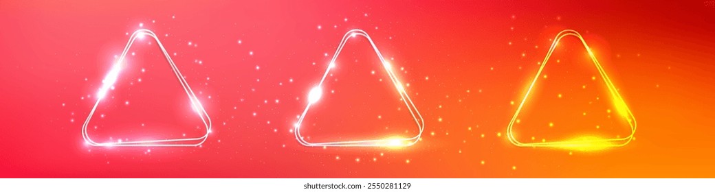 Set of three neon double rounded triangle frames with shining effects and sparkles on orange background. Empty glowing techno backdrop. Vector illustration