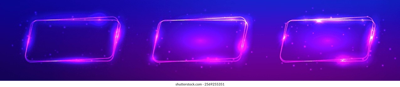 Set of three neon double rounded parallelogram frames with shining effects and sparkles on dark blue background. Empty glowing techno backdrop. Vector illustration