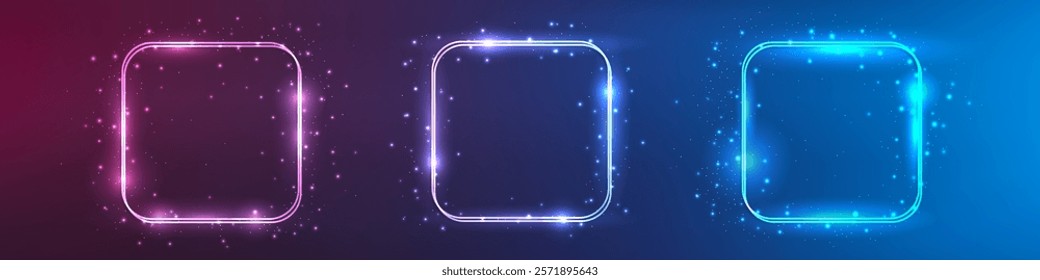 Set of three neon double rounded square frames with shining effects and sparkles on dark purple background. Empty glowing techno backdrop. Vector illustration