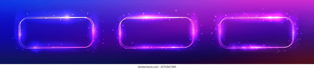 Set of three neon double rounded rectangular frames with shining effects and sparkles on blue background. Empty glowing techno backdrop. Vector illustration