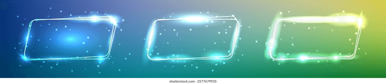 Set of three neon double rounded parallelogram frames with shining effects and sparkles on green background. Empty glowing techno backdrop. Vector illustration