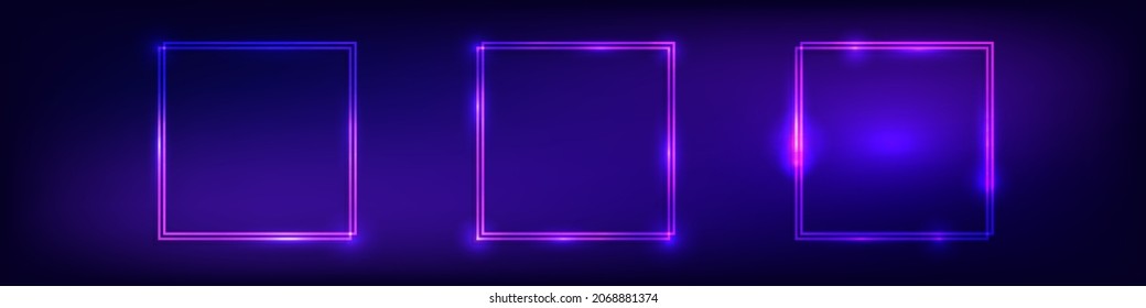 Set of three neon double square frames with shining effects on dark background. Empty glowing techno backdrop. Vector illustration