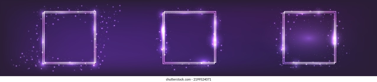 Set of three neon double square frames with shining effects and sparkles on dark background. Empty glowing techno backdrop. Vector illustration