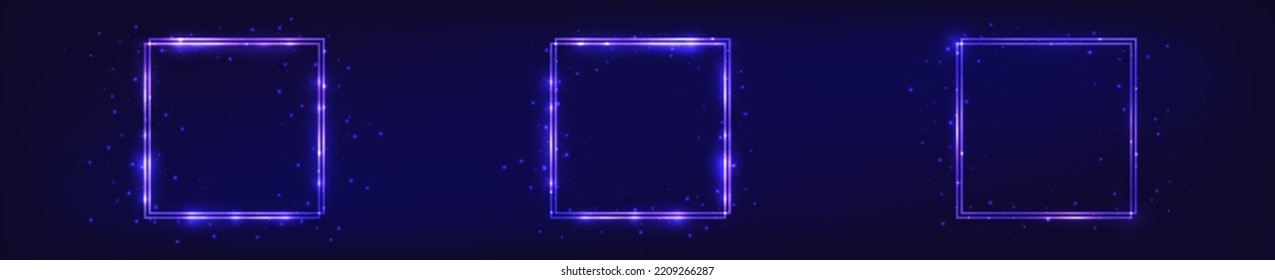 Set of three neon double square frames with shining effects and sparkles on dark background. Empty glowing techno backdrop. Vector illustration