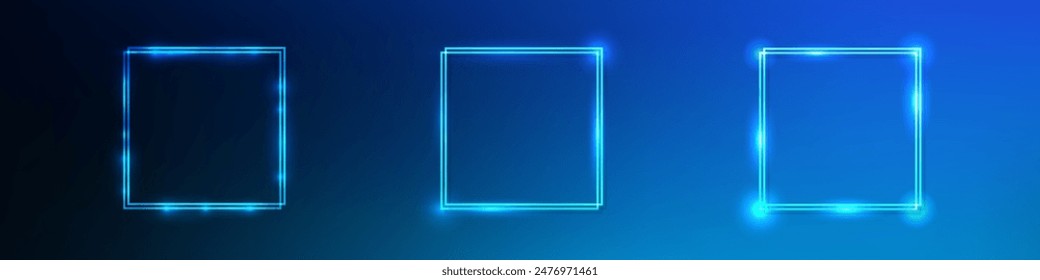 Set of three neon double square frames with shining effects on dark blue background. Empty glowing techno backdrop. Vector illustration