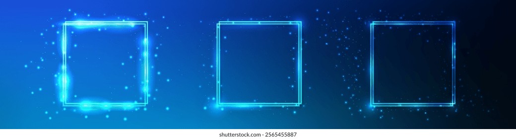 Set of three neon double square frames with shining effects and sparkles on dark blue background. Empty glowing techno backdrop. Vector illustration