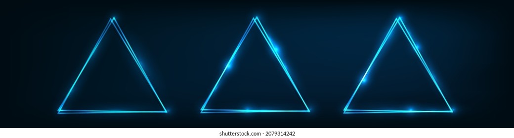 Set of three neon double triangular frames with shining effects on dark background. Empty glowing techno backdrop. Vector illustration