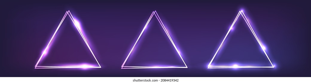 Set of three neon double triangular frames with shining effects on dark background. Empty glowing techno backdrop. Vector illustration