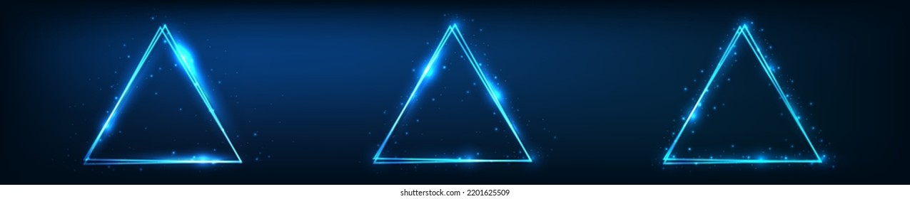 Set of three neon double triangular frames with shining effects and sparkles on dark background. Empty glowing techno backdrop. Vector illustration