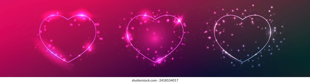 Set of three neon frames in heart form with shining effects and sparkles on dark purple background. Empty glowing techno backdrop. Vector illustration