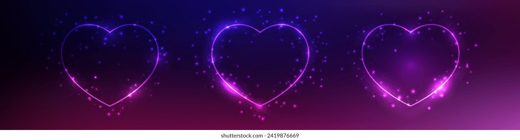 Set of three neon frames in heart form with shining effects and sparkles on dark purple background. Empty glowing techno backdrop. Vector illustration