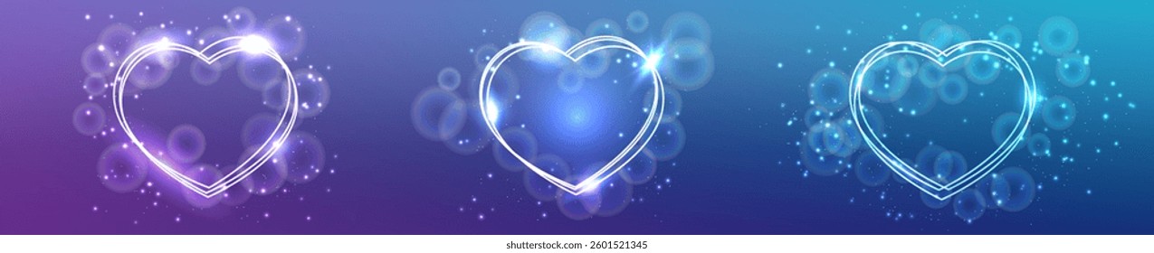 Set of three neon frames in heart form with shining effects and sparkles on purple background. Empty glowing techno backdrop. Vector illustration