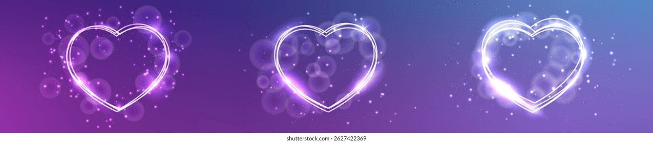 Set of three neon frames in heart form with shining effects and sparkles on purple background. Empty glowing techno backdrop. Vector illustration