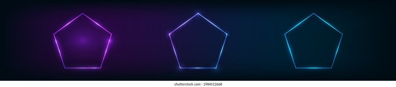 Set of three neon frames in pentagon form with shining effects on dark background. Empty glowing techno backdrop. Vector illustration.