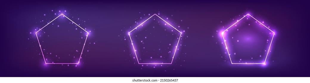 Set of three neon frames in pentagon form with shining effects on dark background. Empty glowing techno backdrop. Vector illustration