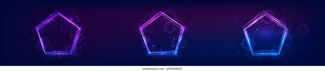 Set of three neon frames in pentagon form with shining effects and sparkles on dark background. Empty glowing techno backdrop. Vector illustration