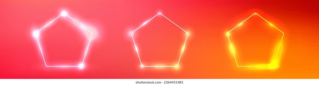 Conjunto de tres marcos de neón en forma de pentágono con efectos brillantes sobre el fondo naranja. Fondo tecno brillante vacío. Ilustración del vector