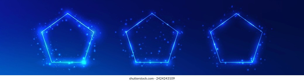 Set of three neon frames in pentagon form with shining effects and sparkles on dark blue background. Empty glowing techno backdrop. Vector illustration