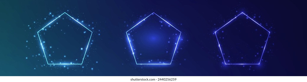 Set of three neon frames in pentagon form with shining effects and sparkles on dark blue background. Empty glowing techno backdrop. Vector illustration