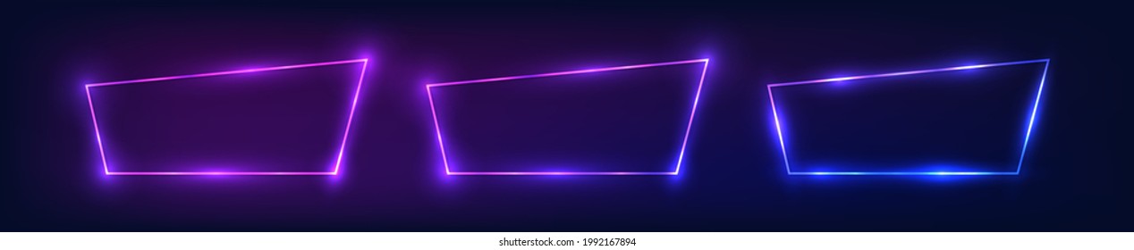 Set of three neon frames with shining effects on dark background. Empty glowing techno backdrop. Vector illustration.