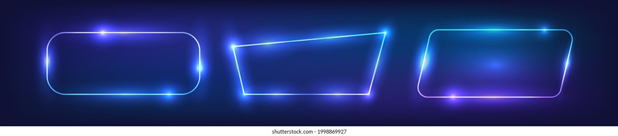 Set of three neon frames with shining effects on dark background. Empty glowing techno backdrop. Vector illustration