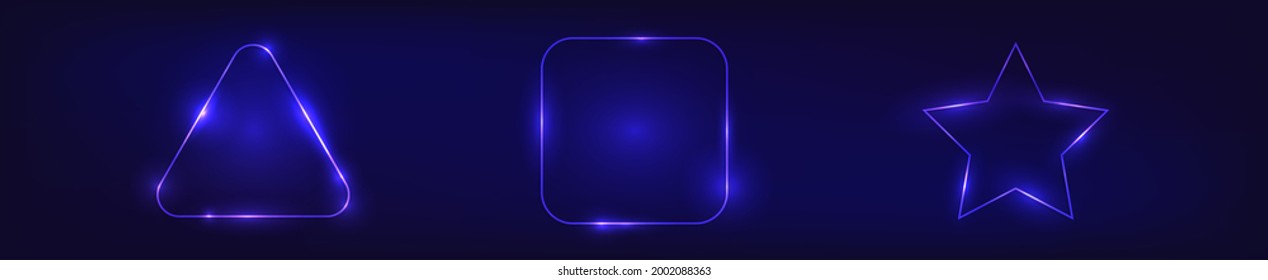 Set of three neon frames with shining effects on dark background. Empty glowing techno backdrop. Vector illustration