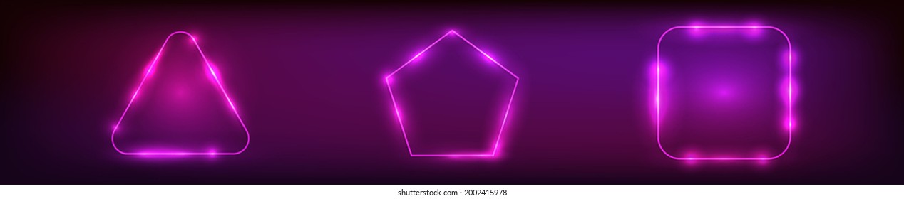 Set of three neon frames with shining effects on dark background. Empty glowing techno backdrop. Vector illustration
