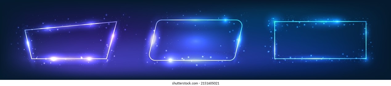 Set of three neon frames with shining effects on dark background. Empty glowing techno backdrop. Vector illustration