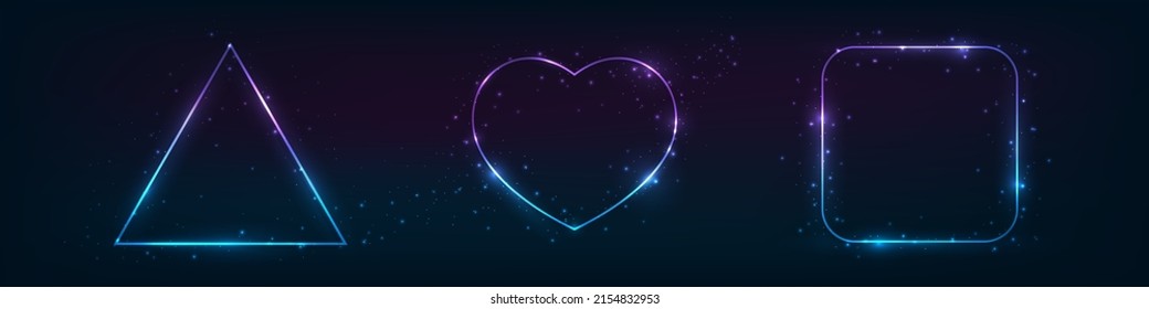 Set of three neon frames with shining effects on dark background. Empty glowing techno backdrop. Vector illustration