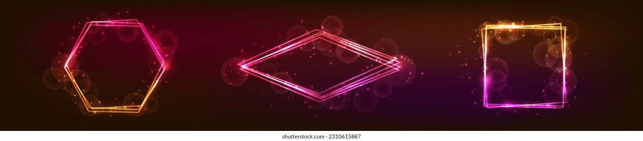 Set of three neon frames with shining effects and sparkles on dark background. Empty glowing techno backdrop. Vector illustration