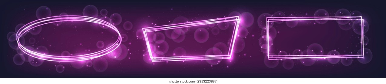 Set of three neon frames with shining effects and sparkles on dark background. Empty glowing techno backdrop. Vector illustration