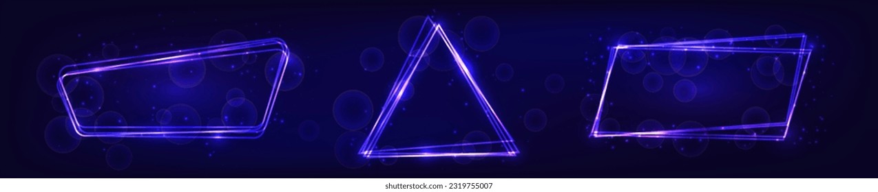 Set of three neon frames with shining effects and sparkles on dark background. Empty glowing techno backdrop. Vector illustration