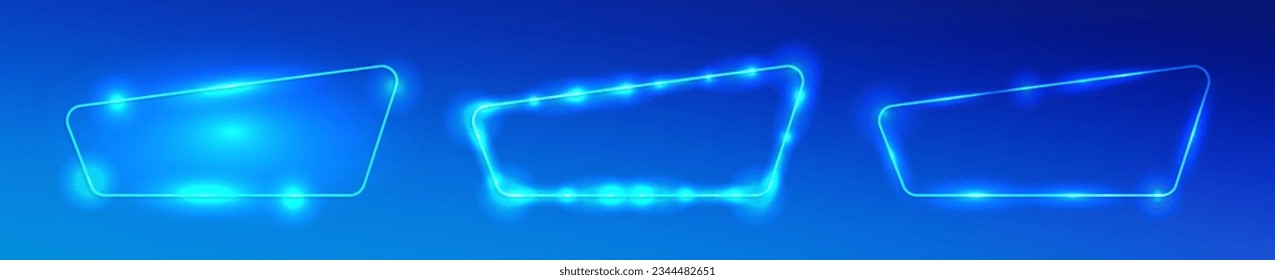 Set of three neon frames with shining effects on blue background. Empty glowing techno backdrop. Vector illustration